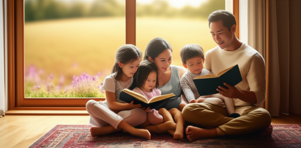 A family sitting together on a comfortable rug in a warmly lit living room. The adults are reading books aloud to their children, who are nestled close, listening attentively. In the background, a window shows a peaceful outdoor scene like a garden or a field. The overall feeling is one of connection, tranquility, and unplugged togetherness. No visible screens or devices are present.