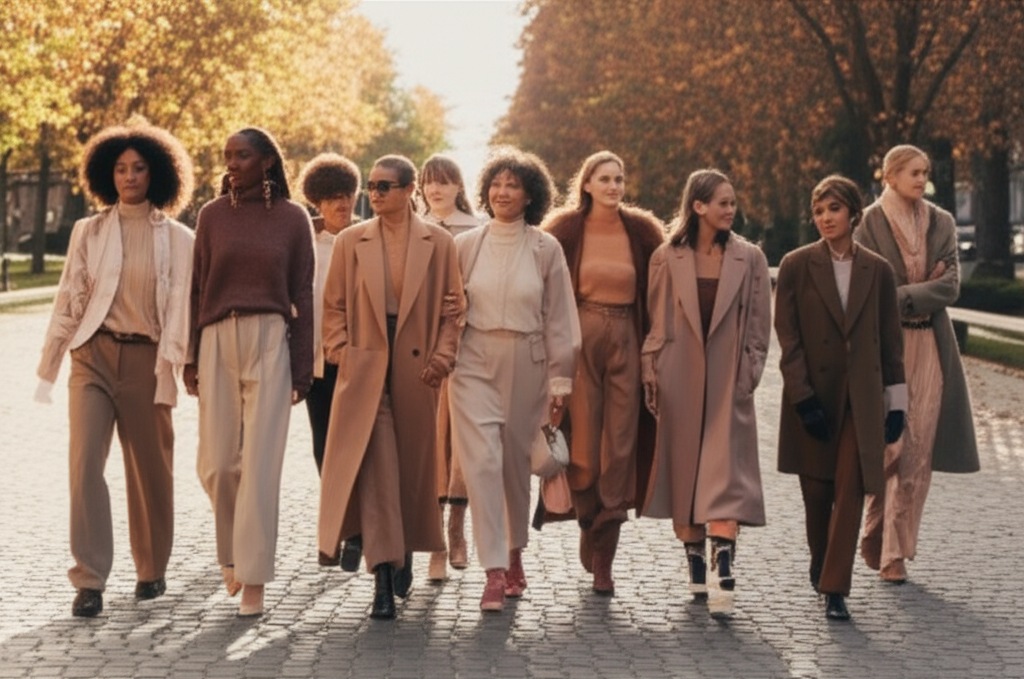 A diverse group of women, each wearing a different fall outfit in muted earth tones, are walking confidently down a cobblestone street lined with autumn foliage. Their outfits are stylish yet relaxed, showcasing different silhouettes and textures. Sunlight softly illuminates the scene, highlighting the comfort and elegance of the clothing.