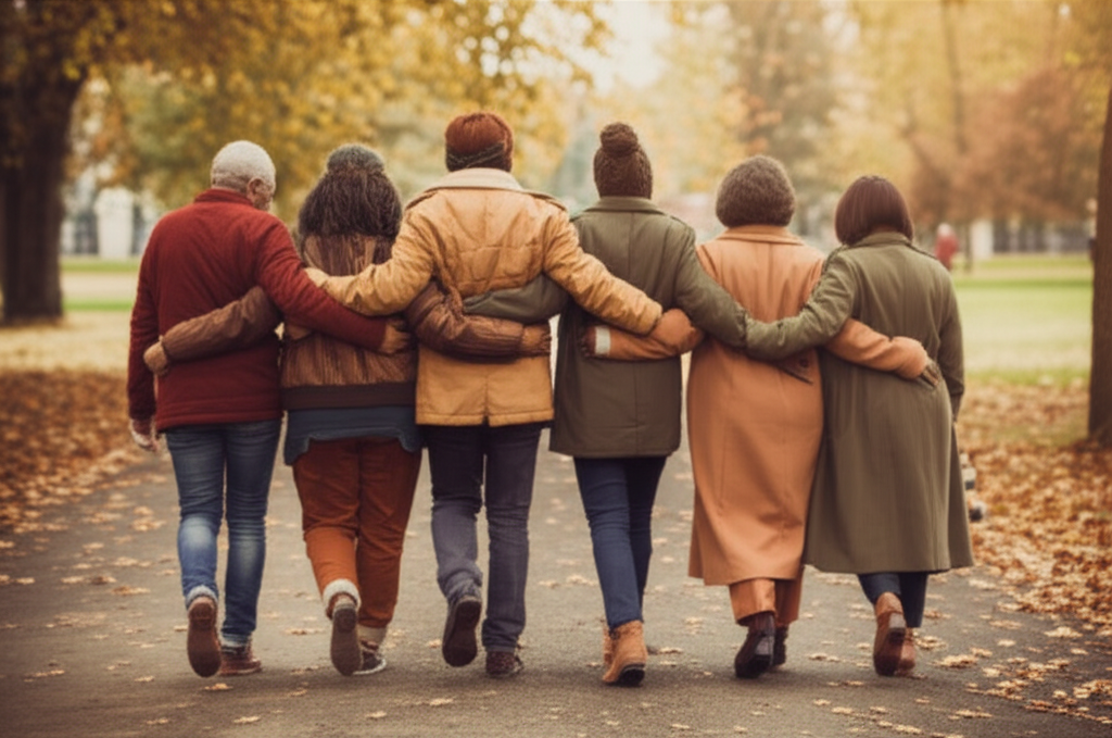 A warmly lit, slightly blurred photo of a diverse group of friends (different ages, ethnicities, body types) walking away from the viewer, arm-in-arm, down a leaf-strewn path in a park. Their autumnal-toned modest outfits are visible, suggesting style and comfort.