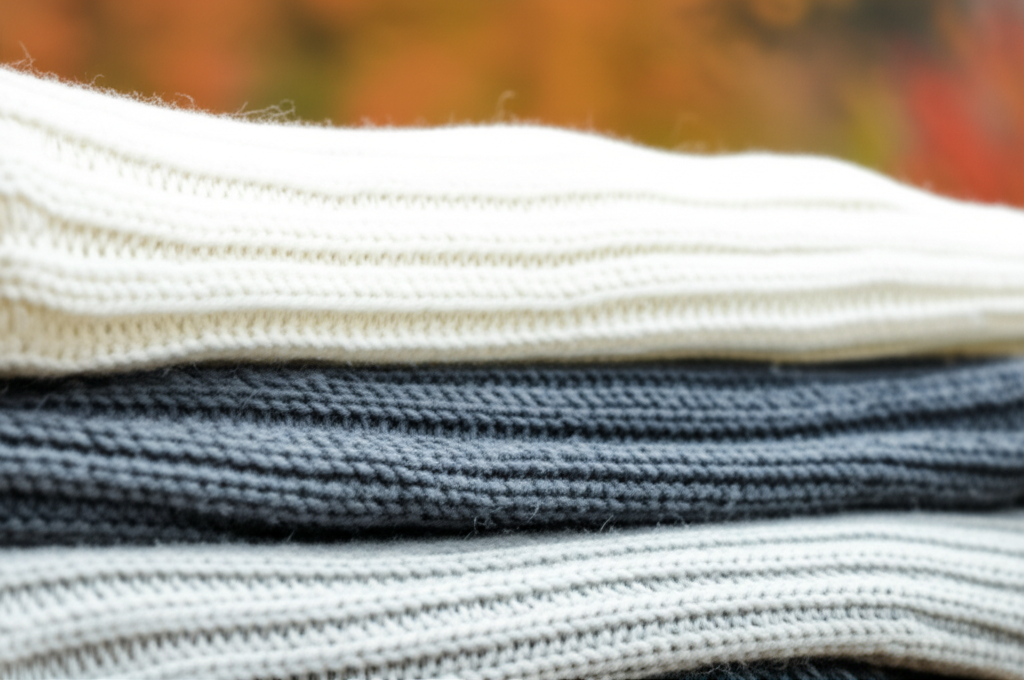 A close-up shot showcasing a variety of knitwear textures - chunky cable knit, fine ribbing, and a slightly blurred background showcasing the fall foliage colors to create a sense of warmth and comfort.