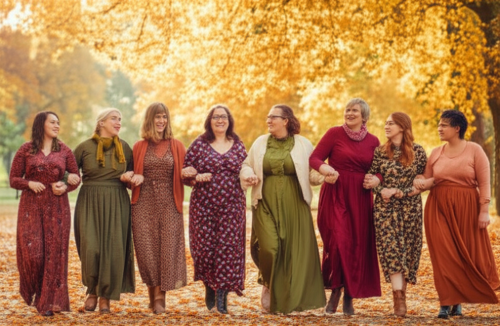 A diverse group of women of varying ages and body types are walking together in a park on a crisp autumn day. They are all wearing maxi skirts and dresses in different fall colors and patterns (e.g., rust, olive green, burgundy, floral prints). Some are layered with sweaters, jackets, or scarves, showcasing different styling options. The background should show fallen leaves and golden sunlight filtering through the trees, creating a cozy and inviting atmosphere.