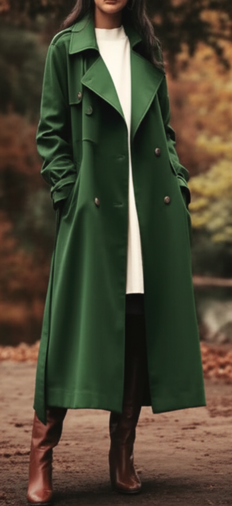 An image showcasing a woman wearing a long, flowing trench coat in a deep autumn color (like forest green or burgundy) over a simple, neutral-toned dress and boots. The coat is slightly open, revealing the dress underneath, and she's positioned in a natural outdoor setting with fall foliage subtly visible in the background, creating a cozy and stylish fall aesthetic.