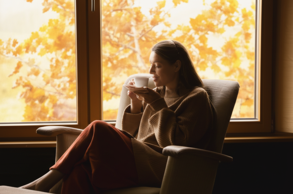 A woman, casually elegant and modestly dressed, sits comfortably in an oversized armchair near a window with autumn leaves visible outside. She's wearing wide-leg, flowing trousers and a soft, textured tunic sweater in earthy tones. She's sipping from a teacup, and the scene is bathed in warm, natural light, creating a relaxed and inviting atmosphere.
