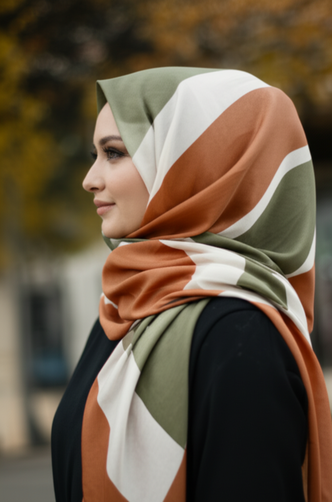 A close-up shot featuring the side profile of a woman with elegantly styled headscarf. The headscarf is made from a soft, flowing fabric in muted autumn tones (e.g., rust, olive, cream). Her expression is serene and confident, and she's wearing subtle, complementary makeup. A blurred background suggests an upscale outdoor setting with autumnal foliage. The focus is entirely on the fabric and the way it's draped, showcasing its texture and the overall aesthetic of modern headscarf styling.