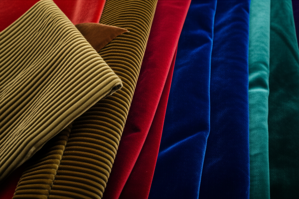 A close-up shot featuring fabrics of various textures (velvet, corduroy, knit) draped and layered together. One half of the image showcases earthy tones like terracotta, olive green, and warm browns. The other half displays jewel tones like sapphire blue, ruby red, and emerald green, subtly blending where the two sides meet to suggest harmony and combination.