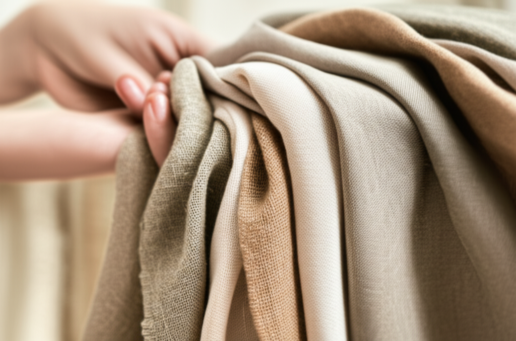 A close-up, soft focus image showcasing a hand gently holding a variety of textured, naturally colored fabrics (like linen, organic cotton, hemp, and possibly tencel or modal) draped artfully together. The fabrics should appear luxurious and inviting.