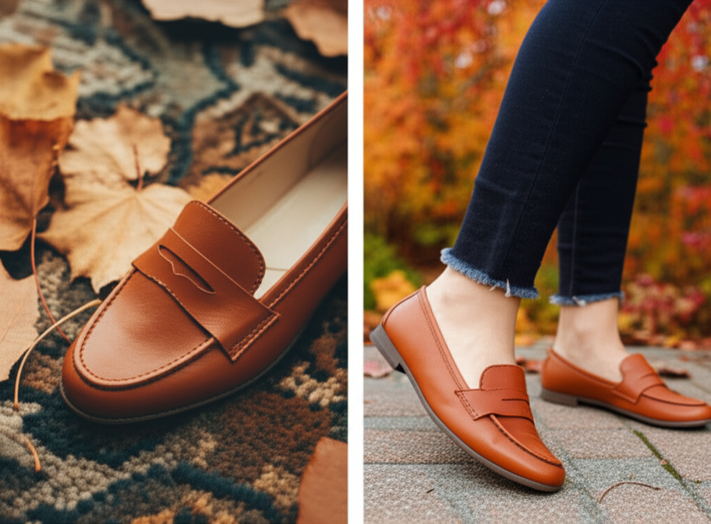 A split-screen image. On one side, a close-up of a stylish but visibly comfortable-looking flat shoe (e.g., a loafer or Mary Jane style) in a warm autumn color, sitting on a cozy rug with fallen leaves scattered around it. On the other side, a slightly wider shot of the same shoe being worn by someone walking down a sidewalk lined with colorful fall foliage, blurring slightly to convey movement and everyday wear.