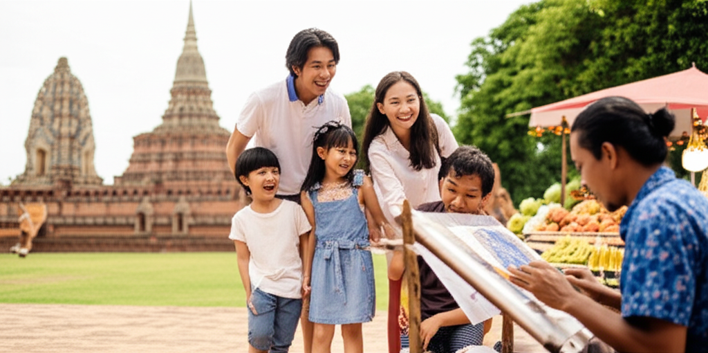 A warmly lit, wide-angle shot showcasing a Southeast Asian scene: In the foreground, a family (parents and two children) are laughing and interacting with a local artisan who is demonstrating a traditional craft, perhaps batik painting or wood carving. In the background, slightly blurred, is a picturesque temple or historical site, and a stall selling colorful fruits or local food. The overall tone is bright, welcoming, and subtly communicates respect for the local culture.