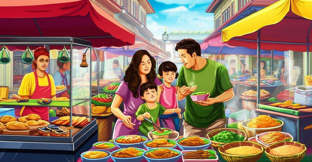 A vibrant, bustling outdoor food market scene in a Southeast Asian country. Focus on a family (mother, father, and two young children) happily sampling various halal-certified street food dishes from different vendors. The food should look colorful and appetizing, with steam rising from some items, suggesting freshness and authenticity. The background features traditional architecture and friendly locals.