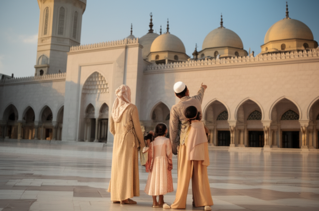 A wide-angle shot capturing a family (parents and two young children) standing in the courtyard of a beautiful, ornate mosque in Southeast Asia. The family is dressed modestly and respectfully. The light is warm and inviting, suggesting late afternoon. The focus is on the family's interaction with the space, perhaps the children gazing up in wonder at the architecture while a parent points out a detail. The backdrop should showcase the intricate details of the mosque's architecture, highlighting its cultural and historical significance.