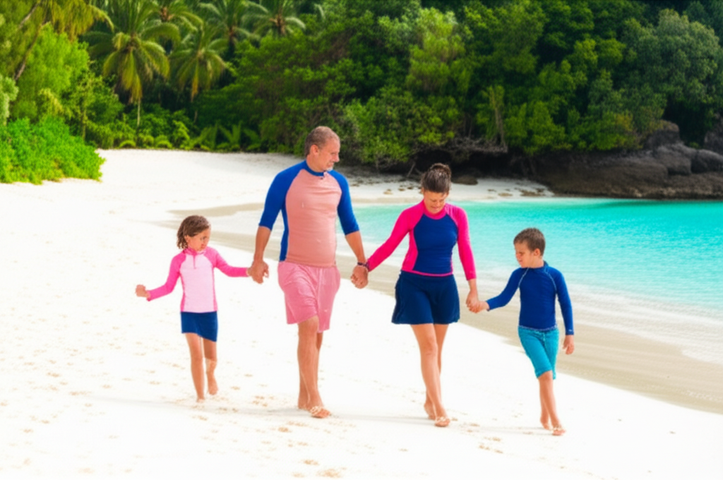 A wide-angle shot of a family (parents and two children) walking hand-in-hand along a pristine, white sand beach. The mother and older daughter are wearing stylish, modest swimwear (e.g., rash guards and swim skirts or knee-length swim leggings). The father and younger son are wearing swimming trunks. The focus is on their backs as they walk towards the turquoise ocean, with lush tropical foliage visible in the background.