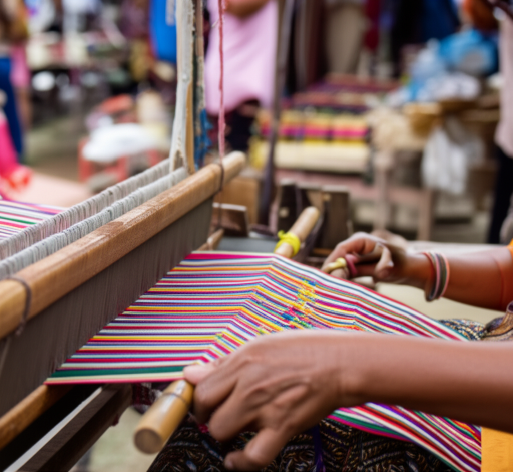 A vibrant, shallow-focus shot of hands skillfully weaving colorful threads on a traditional loom in a bustling marketplace setting. The background hints at other vendors and market activity with blurred details, but the focus remains on the intricate craft and the artisan's hands.