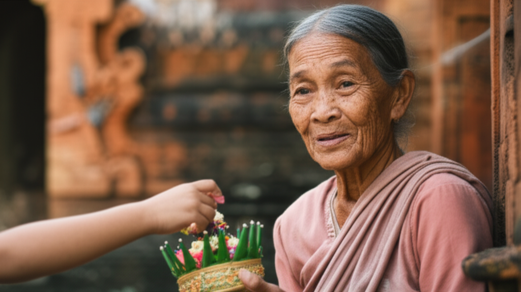 A close-up image showing a child's hand gently handing a small, intricately woven offering (e.g., a flower garland or a small basket of fruit) to an elderly local woman with a kind, welcoming expression. The background is softly blurred, hinting at a temple or traditional village setting.