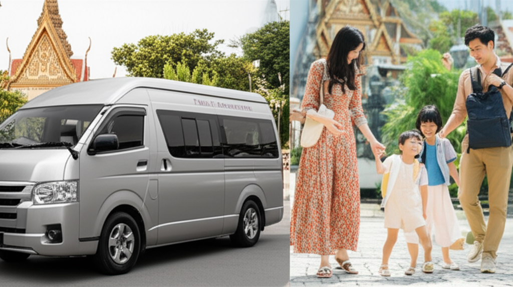 A split image: One side shows a modern, air-conditioned minibus (clearly marked as a private hire or family-friendly transportation service) parked at a temple entrance in a Southeast Asian country (e.g., Thailand, Malaysia, Indonesia). The other side shows a smiling family exiting the vehicle, the mother helping a young child out, with the father carrying a small bag. The family are dressed respectfully for visiting a religious site, and the vehicle looks clean and well-maintained.