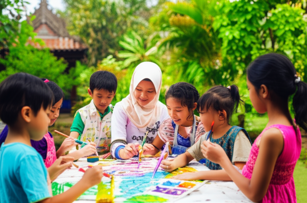 A group of children of various ethnicities (appearing local to Southeast Asia) joyfully painting batik fabrics together outdoors, with a backdrop of lush tropical foliage and a traditional Southeast Asian architectural element faintly visible in the distance (e.g., a corner of a temple roof, or a carved wooden gate).