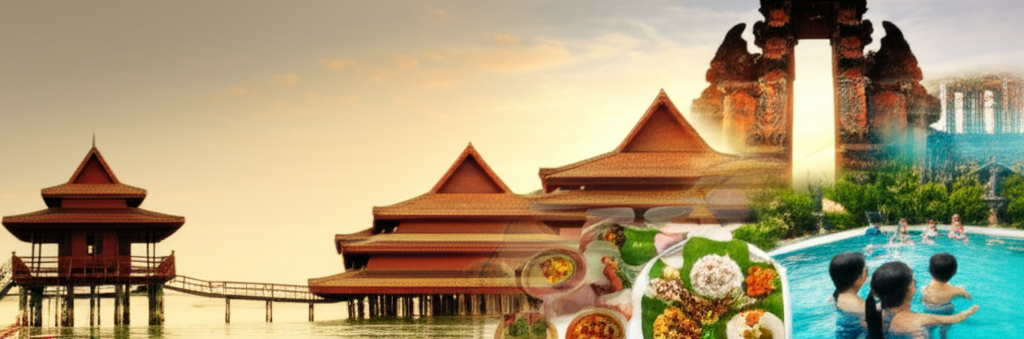 A collage of subtly overlapping images showcasing Southeast Asian architecture (like a Malay stilt house, a Balinese gate, a Thai temple roof) alongside images of families enjoying halal-friendly activities. For example, a family swimming modestly dressed in a private pool, another family enjoying a meal with Southeast Asian dishes prominently displayed. The image should evoke a sense of peace, cultural richness, and family togetherness, with a focus on warm, inviting colors.