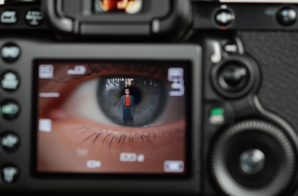 A close-up shot of a photographer's eye, reflected in the viewfinder of their camera. The camera is focused on a stylishly dressed subject in modest clothing, slightly out of focus in the background, suggesting the act of capturing the moment.