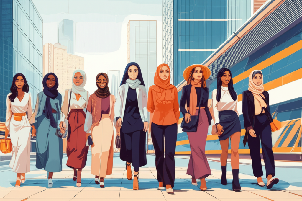 A diverse group of women from different ethnic backgrounds, dressed in stylish modest outfits that reflect a variety of cultural influences, walking purposefully and confidently down a bustling city street, with a mix of modern and traditional architecture in the background. The image should convey a sense of energy and empowerment.