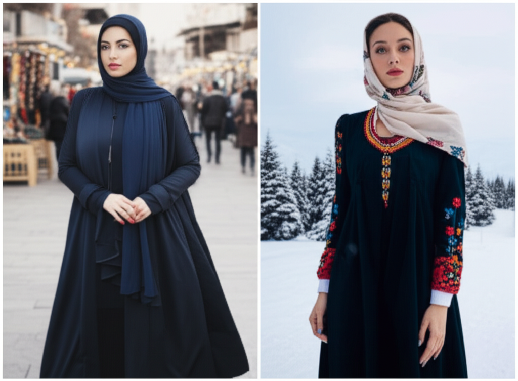 A split-screen showing two portraits. On the left, a woman in a flowing abaya and hijab stands against a backdrop of a bustling Middle Eastern marketplace. On the right, a woman in a long-sleeved dress and headscarf, adorned with colorful floral embroidery, poses against a snowy Scandinavian landscape. Both women exude confidence and grace.