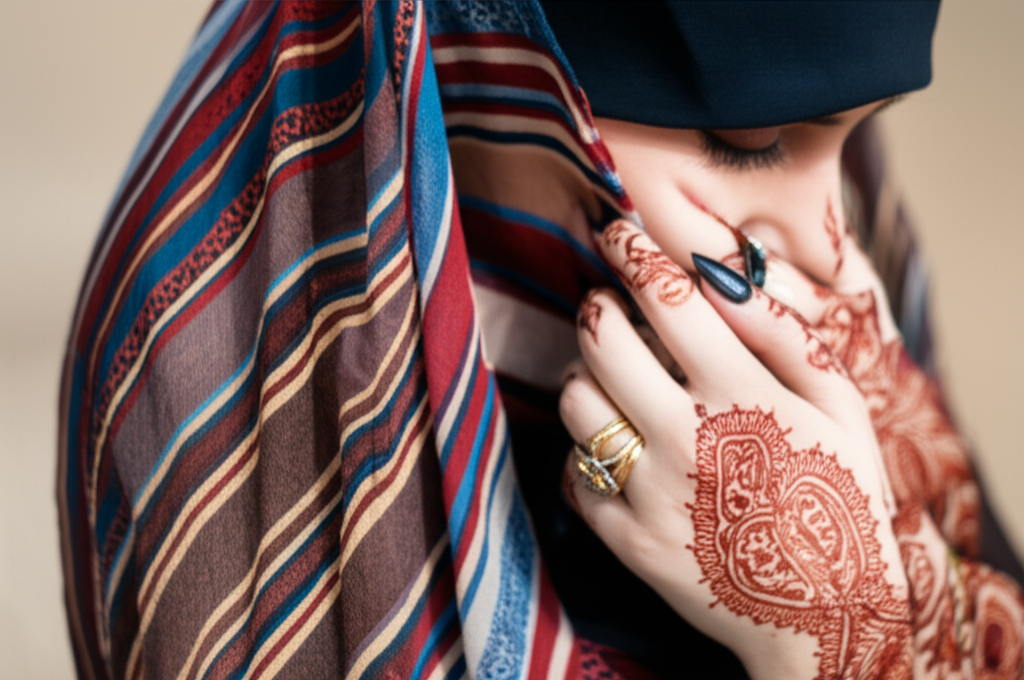 A close-up shot of a woman's hands, adorned with intricate henna designs and unique rings, gracefully adjusting a flowing, patterned headscarf. The focus is on the detail and artistry of both the henna and the scarf.