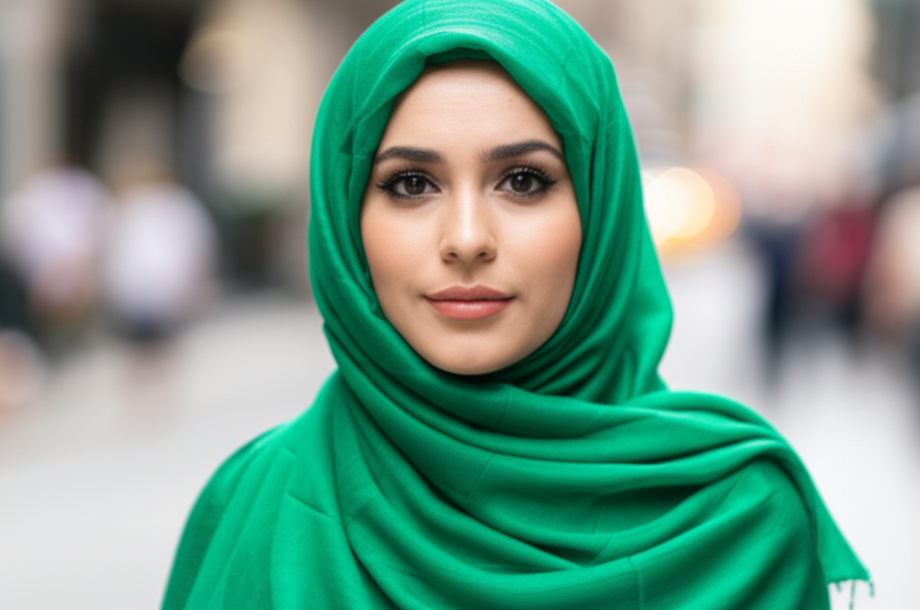 A close-up portrait of a woman wearing a beautifully draped, flowing hijab in a vibrant, unexpected color (e.g., emerald green or deep teal). The focus is on her face, showcasing her radiant skin and expressive eyes, with the subtle texture of the hijab fabric visible. The background is blurred, suggesting a bustling city street, hinting at the 