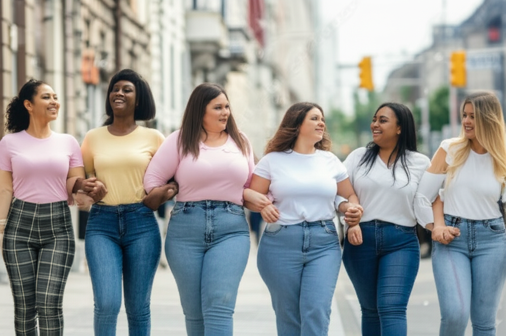 A diverse group of women of different ages, ethnicities, and body types, all wearing modest fashion styles, confidently walking together down a city street. They are smiling or engaging in natural conversation, not posing rigidly. The background is blurred slightly to focus on the women and their clothing. The lighting is natural and flattering.