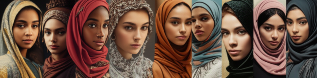 A mosaic of close-up portraits featuring individuals from various ethnicities and backgrounds, all wearing distinct, visually striking examples of modest fashion styles. Each portrait should capture the individual's unique features and the intricate details of their clothing, suggesting a global spectrum of covered fashion.