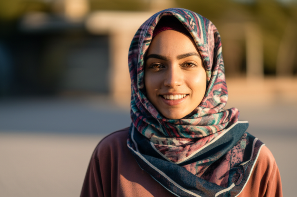 A close-up portrait of a smiling woman wearing a vibrant, patterned hijab and stylish modest clothing. She is looking directly at the camera with genuine warmth and confidence in her eyes. Sunlight is softly illuminating her face.