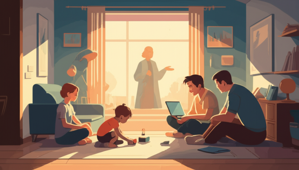 A stylized, brightly lit home interior scene. In the foreground, diverse family members – a child playing with a toy on the floor, a teenager looking at a laptop, parents interacting with each other – are bathed in a soft, warm glow emanating from a friendly-looking, abstract, geometric figure hovering slightly above them in the background. The figure does not have a distinct face but radiates a sense of protection and gentle guidance. The overall impression is one of safety, connection, and warmth.