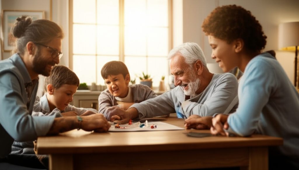 A photograph showing a diverse family (parents, children, grandparents) gathered around a living room table, all smiling and engaged in a board game together. The lighting should be warm and inviting, suggesting a feeling of security and connection.