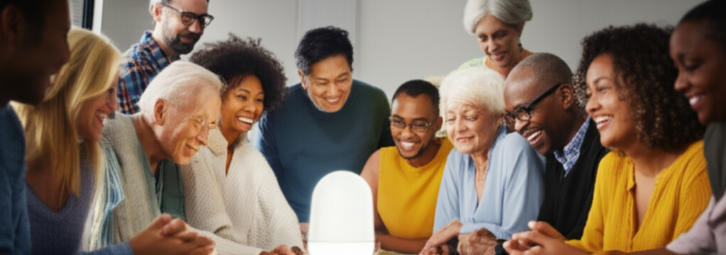 A diverse group of people (young, old, different ethnicities) gathered comfortably around a glowing, stylized AI assistant device (like a sleek, minimalist speaker or hub) that emits a soft, warm light, casting gentle, inviting shadows on their faces. The focus is on connection and warmth, suggesting a shared positive experience facilitated by the AI.