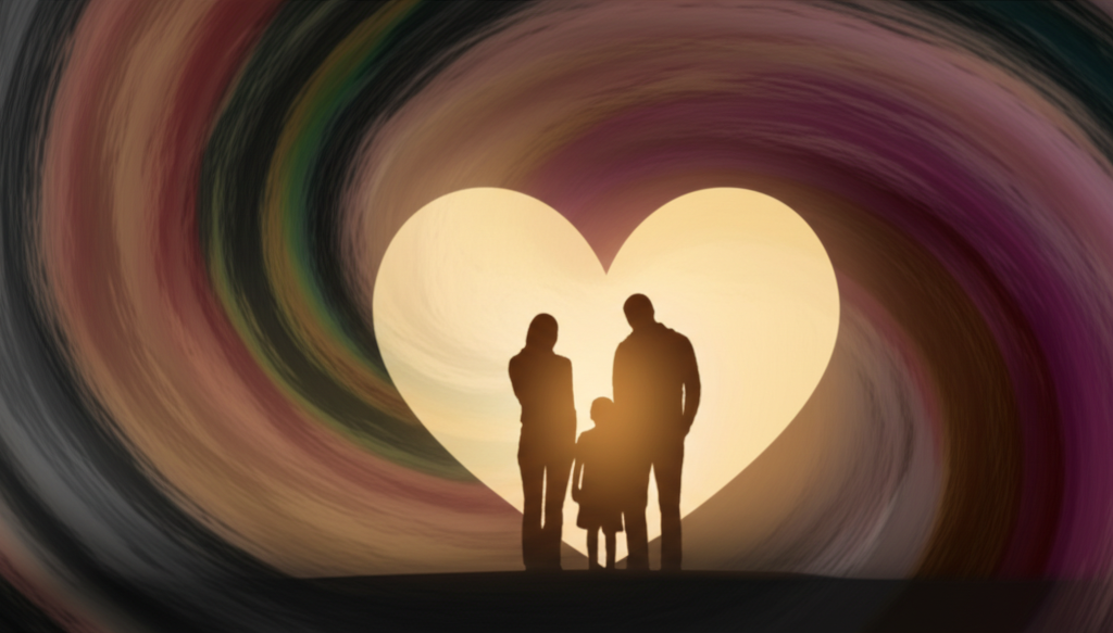 A silhouetted, stylized family (father, mother, child) is bathed in the soft, warm light emanating from a stylized, glowing heart shape. The heart shape is positioned in front of a swirling vortex of harsh, chaotic, muted colors representing the harmful online content. The silhouetted family stands protectively together, facing the chaotic vortex, but remaining bathed in the warm, safe glow of the heart.