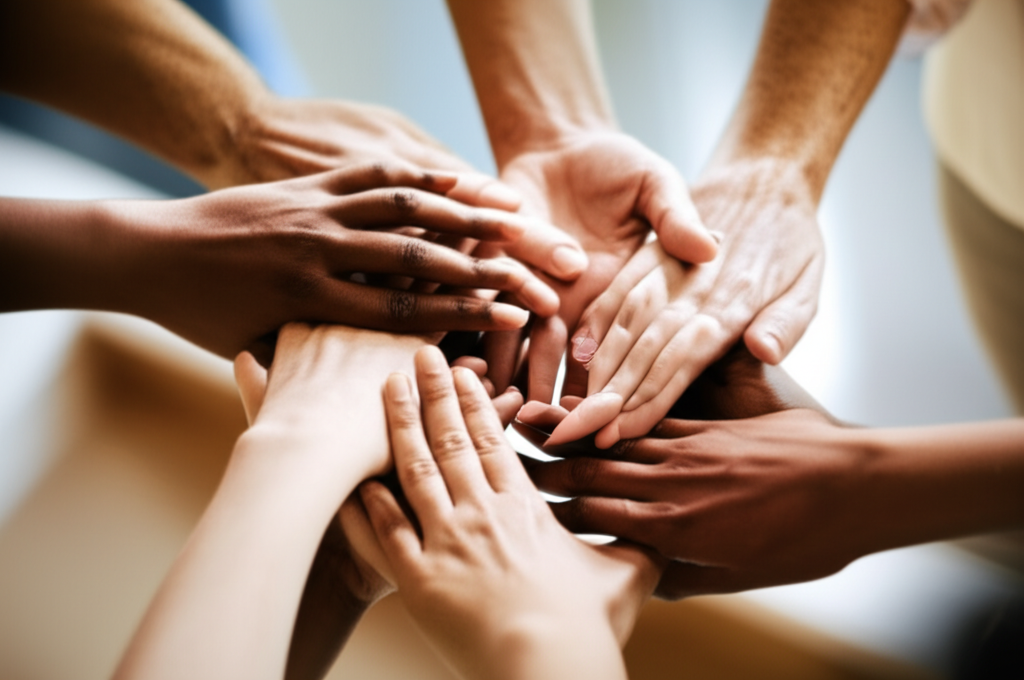An illustration depicting diverse hands of varying ages and skin tones gently overlapping in a circle, palm-down, symbolizing unity and connection. The backdrop is soft and subtly blurred, suggesting a warm, domestic setting.