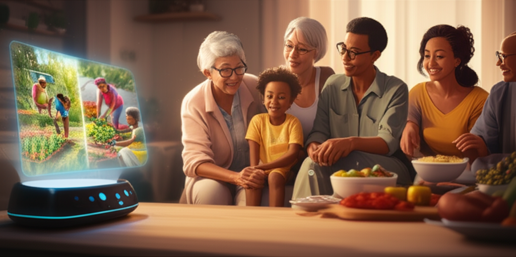 A stylized, diverse family (parents, child, grandparent) gathered comfortably around a glowing, gently-lit holographic projection emanating from a friendly, approachable AI assistant device (something like a smart speaker but clearly advanced). The projection shows a serene, balanced scene: half of it depicts a vibrant community garden where people are working together, and the other half shows a happy family sharing a meal. The lighting on the family's faces suggests warmth and safety, reflecting the glow of the projection.