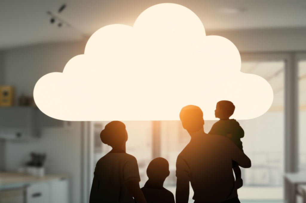 A stylized, gentle, light-filled image showing a diverse family silhouette (parents and two children of different ages) looking upwards, bathed in a soft, warm glow emanating from a stylized, simplified cloud shape hovering above them. The cloud appears protective and benevolent, not ominous. The background is a subtly blurred suggestion of a modern, comfortable home.