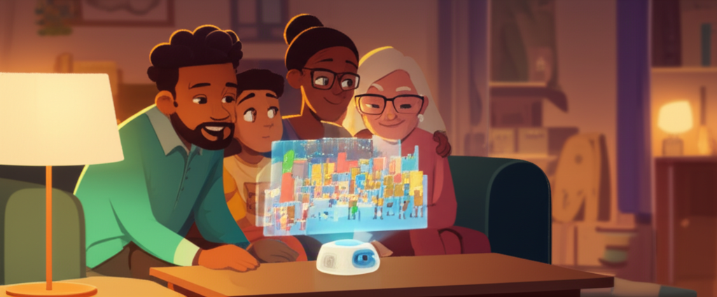 A stylized, diverse family (parents, child, grandparent) is gathered comfortably in their living room. The warm light from a central table lamp illuminates their faces. They are looking together at a shared holographic projection emanating from a small, friendly-looking AI device on the table. The projection shows a simplified, vibrant cityscape with playful animations representing community interaction (e.g., people helping each other, children playing safely). The expressions on their faces are a mix of curiosity, engagement, and contentment.