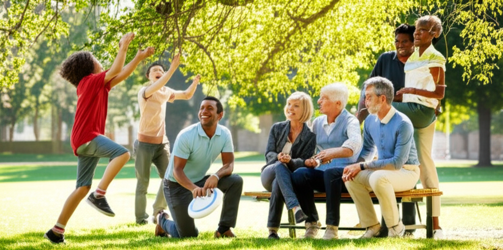 A diverse group of people – grandparents, parents, teenagers, and young children – are casually interacting in a sun-drenched park. They are smiling and engaged, some playing frisbee, others chatting on a bench, and a child is being helped to climb a tree. The focus is on connection and joyful shared experiences, emphasizing intergenerational harmony and outdoor activity.