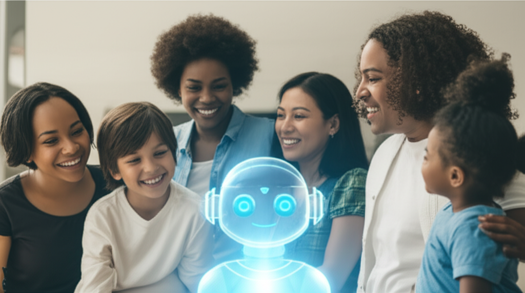 An image depicting a diverse family (various ages and ethnicities represented) smiling warmly at a holographic projection of a friendly, helpful-looking AI assistant. The AI assistant is depicted as approachable and non-threatening.