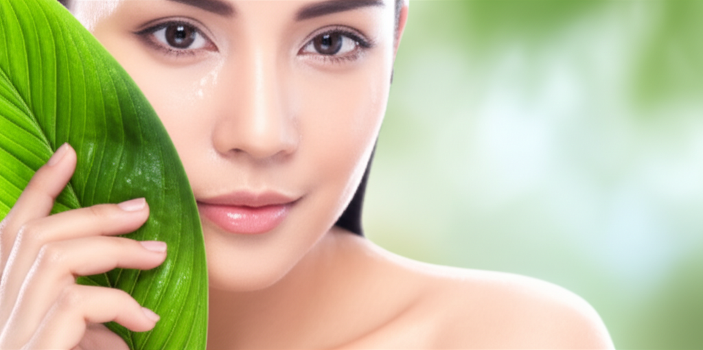 A close-up shot featuring a woman's radiant, softly lit face. Her skin appears dewy and healthy, with minimal makeup. Her hand gently holds a single, vibrant green leaf near her cheek, drawing a connection between natural ingredients and her glowing complexion. Focus is on soft, natural light and texture.