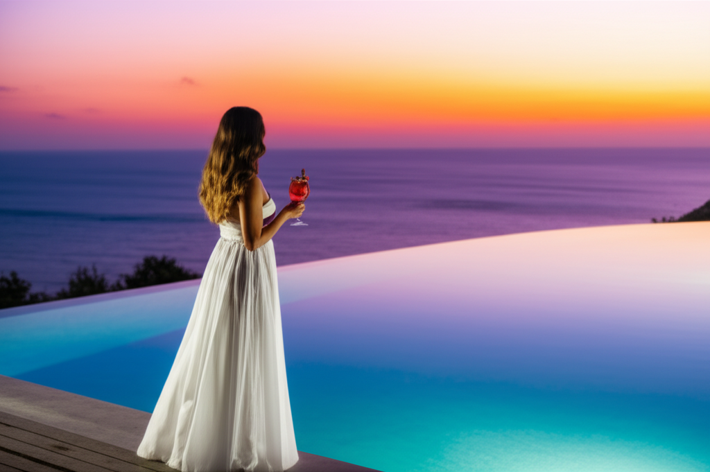 A woman in a flowing, elegant dress, perhaps silk or linen, stands by an infinity pool overlooking a breathtaking sunset ocean view. She's holding a stemmed glass with a vibrant, non-alcoholic drink in it - think bright fruit and herbal garnishes. The scene exudes luxury but is naturally lit and doesn't feel overly staged.
