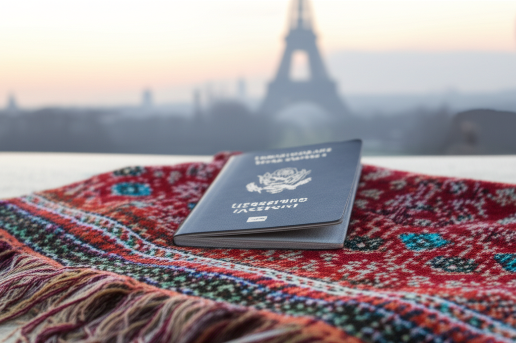 A single, well-worn passport resting on top of a beautifully patterned, hand-embroidered scarf, with a distant, softly blurred silhouette of a recognizable landmark (like the Eiffel Tower or the Pyramids) visible in the background. The scarf is subtly luxurious, suggesting quality without being ostentatious.