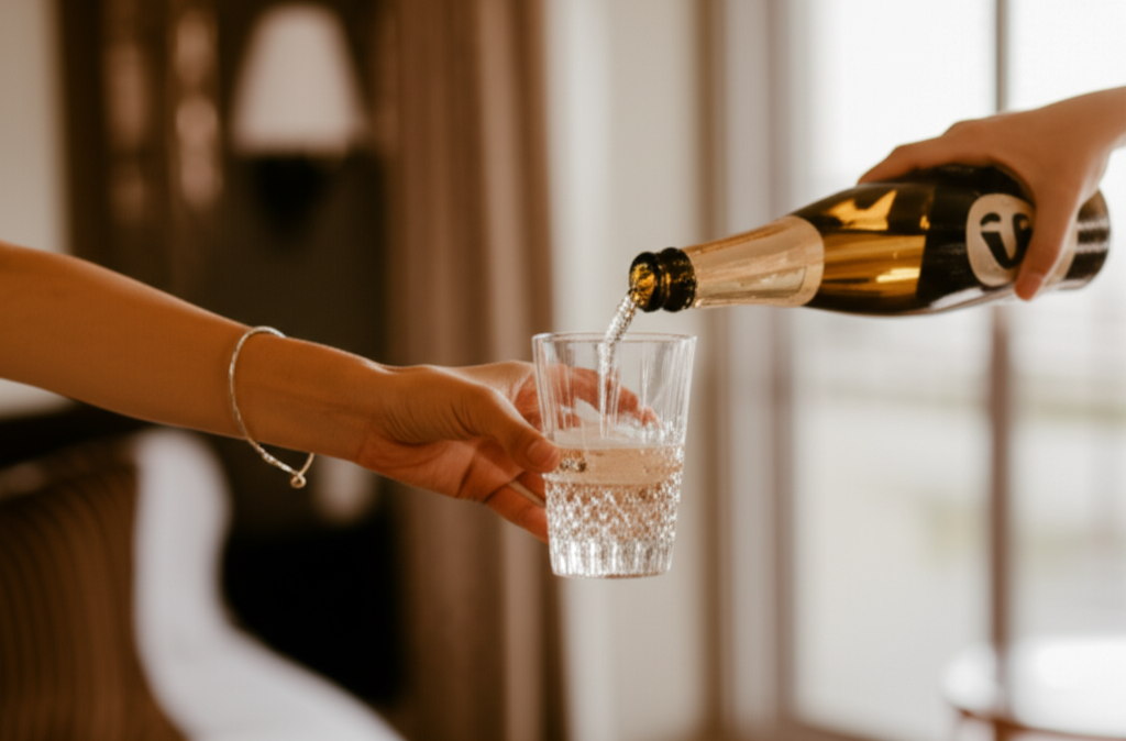 A hand, adorned with a simple, elegant gold bracelet, gently pouring sparkling alcohol-free cider from a stylish glass bottle into a crystal glass. The background is a blurred, luxurious hotel room suggesting sophistication but is softly lit and not overly opulent.