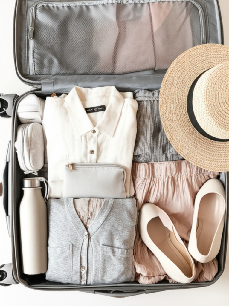 A well-lit, naturally lit, overhead shot of neatly packed, folded travel clothes in a carry-on sized suitcase. The clothes are in a neutral color palette (cream, beige, blush pink, soft grey) and feature modest styles: a long-sleeved linen shirt, a flowy midi skirt, a lightweight cardigan, a pair of stylish flats, and a woven straw sunhat. A small, elegant reusable water bottle and a compact travel-sized toiletries bag are also visible, nestled neatly within the clothing.