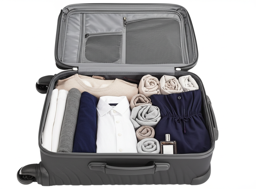 A suitcase open, neatly packed with rolled or folded clothing items in a neutral color palette (beige, cream, grey, navy). The clothing items are clearly distinct and show layering possibilities: a thin knit sweater, a pair of trousers, a scarf, a simple dress, a button-down shirt. The suitcase isn't overflowing, and the clothing looks high quality and well-cared for despite being minimalist. A travel-sized bottle of perfume is tucked in the corner.