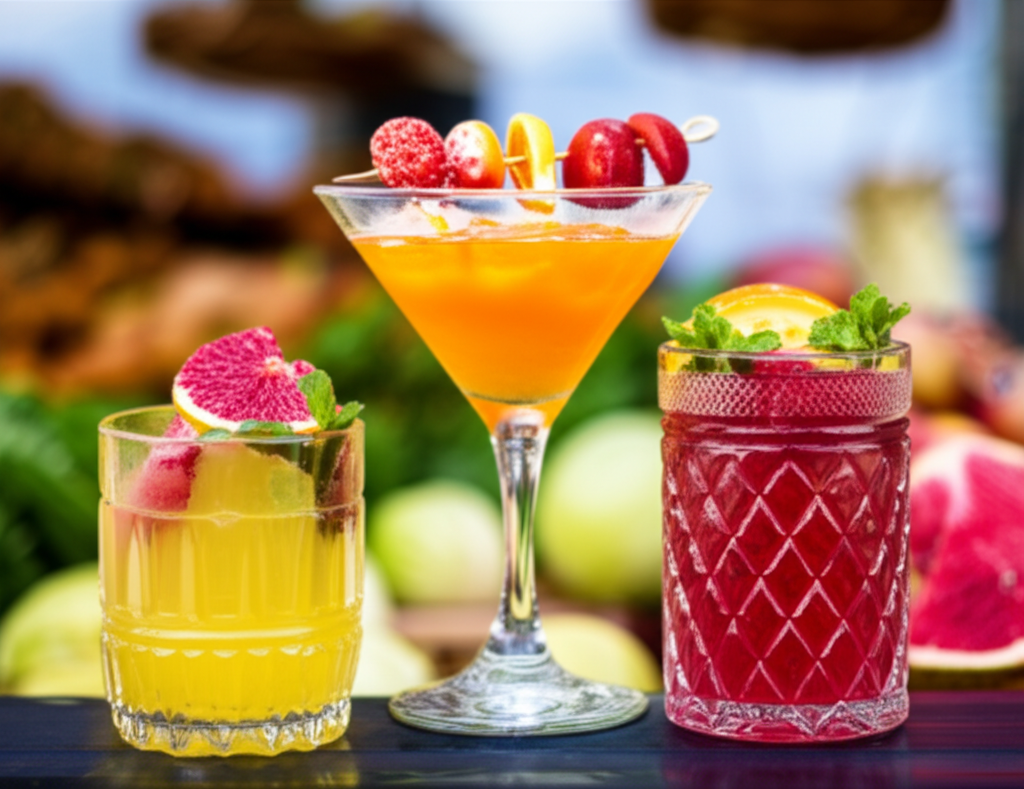 A visually appealing arrangement of three different alcohol-free cocktails/mocktails in elegant glassware, each featuring distinct garnishes incorporating fresh, locally-sourced fruits and herbs. The background should subtly hint at a local market or farm setting, out of focus but identifiable (e.g., blurred fruits in baskets, leafy greens). Lighting should be soft and natural, highlighting the colors and textures of the drinks and ingredients.