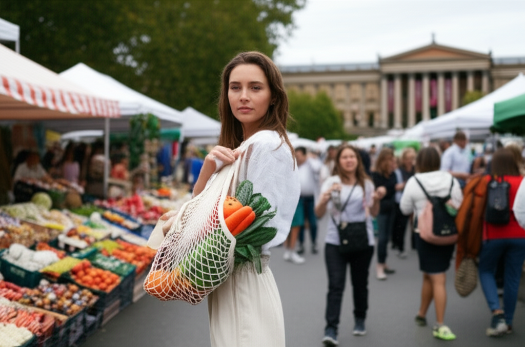A stylishly dressed woman in modest clothing, holding a reusable shopping bag overflowing with colorful produce and artisanal goods, stands in front of a bustling, but visually appealing, open-air market scene. Hints of park greenery and a classical museum building are subtly visible in the background, suggesting the variety of free cultural experiences.