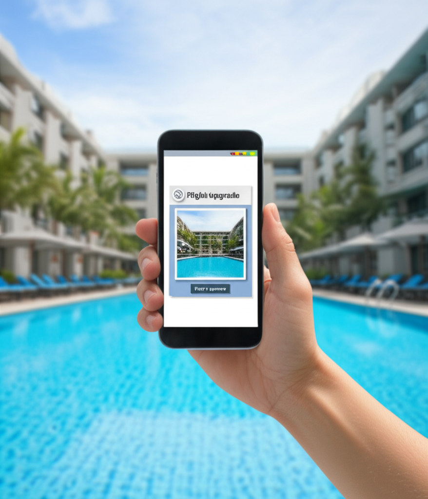 A hand holding a smartphone displaying a notification of a flight upgrade, with a luxury hotel pool visible in the blurred background.