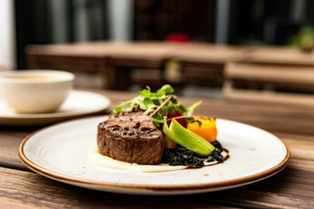 A close-up shot of a beautifully plated, delicious-looking meal served on a charmingly rustic plate at an outdoor table, with a blurred background suggesting a cozy, less formal, but still aesthetically pleasing local restaurant setting.