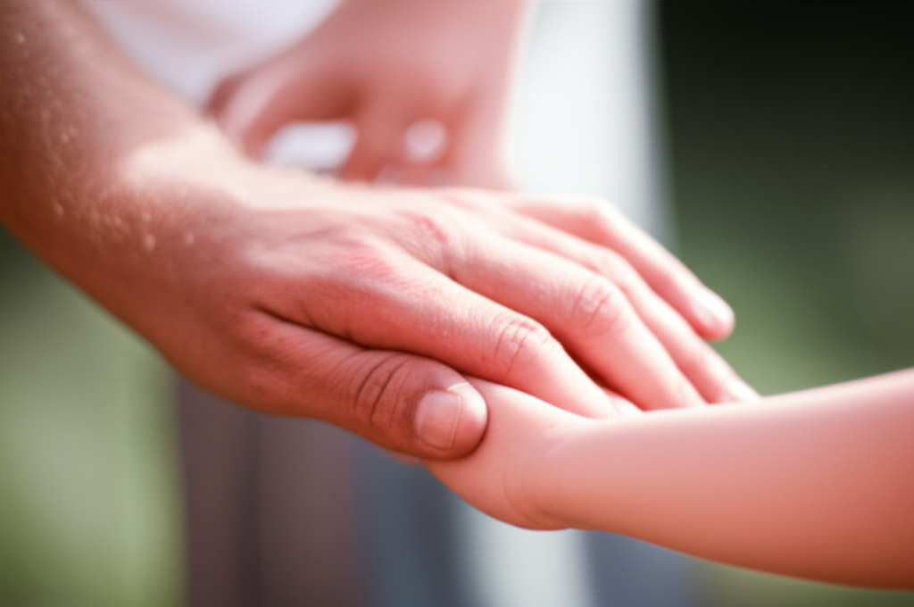 A single, slightly blurred, close-up image of hands. The hands belong to three different individuals, presumably representing three generations (child, parent, grandparent). They are overlapping or touching gently, perhaps while participating in a simple, shared activity like gardening, cooking, or playing a game. The focus is on the connection and gentle support visually conveyed through the hands, rather than on specific details of the activity.
