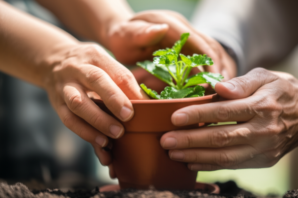 A candid, slightly blurred photo focusing on the hands of a grandparent and grandchild intertwined while they are both absorbed in the same activity – perhaps planting a small seedling together in a garden pot. The setting could be a sunny garden or even indoors near a window. The faces are not the main focus, but the shared action and connection between the hands are.